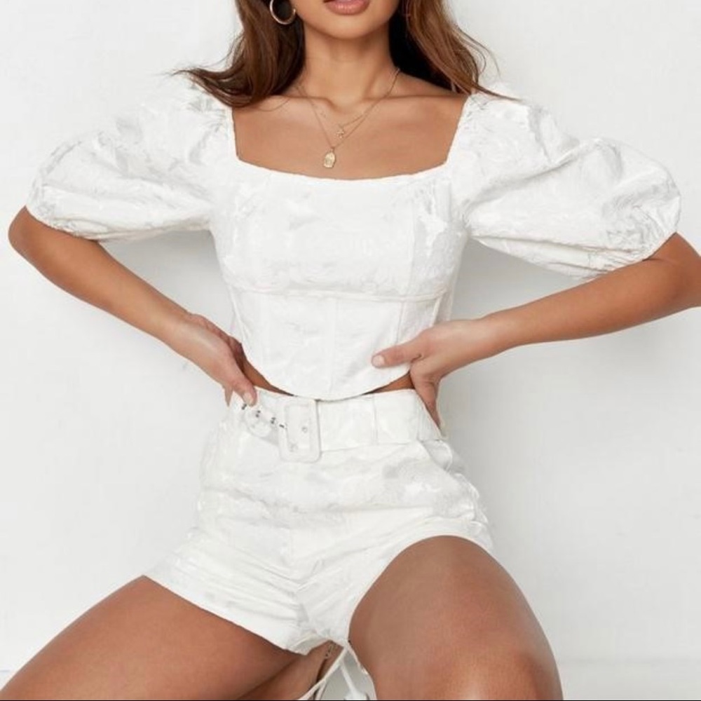 ISO Floral Jacquard belted shorts and milkmaid top